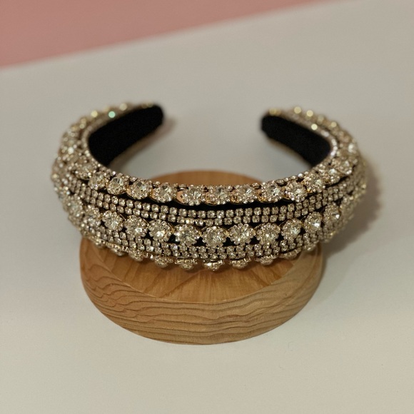 White Rhinestone Black Velvet Headband - Picture 6 of 7